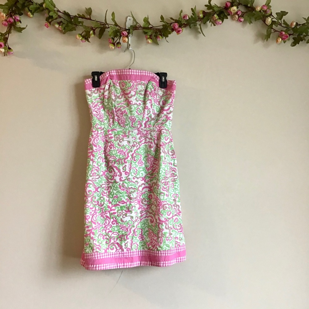 Lilly Pulitzer pink &green printed strapless dress - Picture 6 of 12